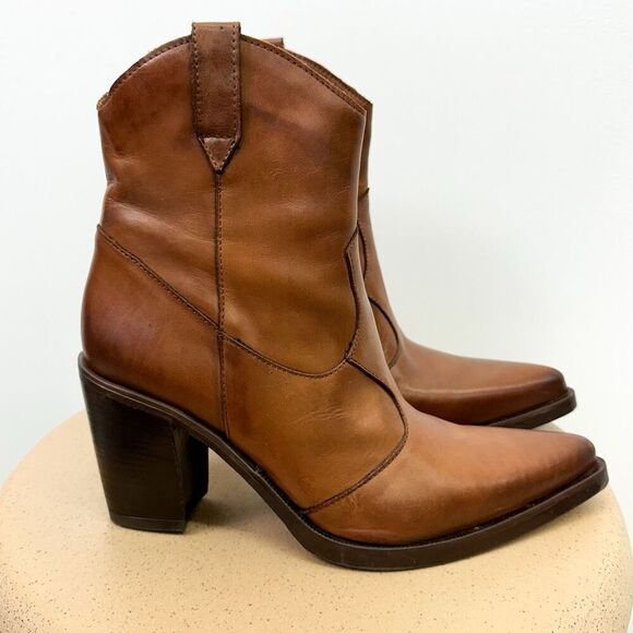 Emanuele Crasto Made in Italy Women’s Leather Cognac Brown Heel Mid Calf Western - Picture 2 of 13